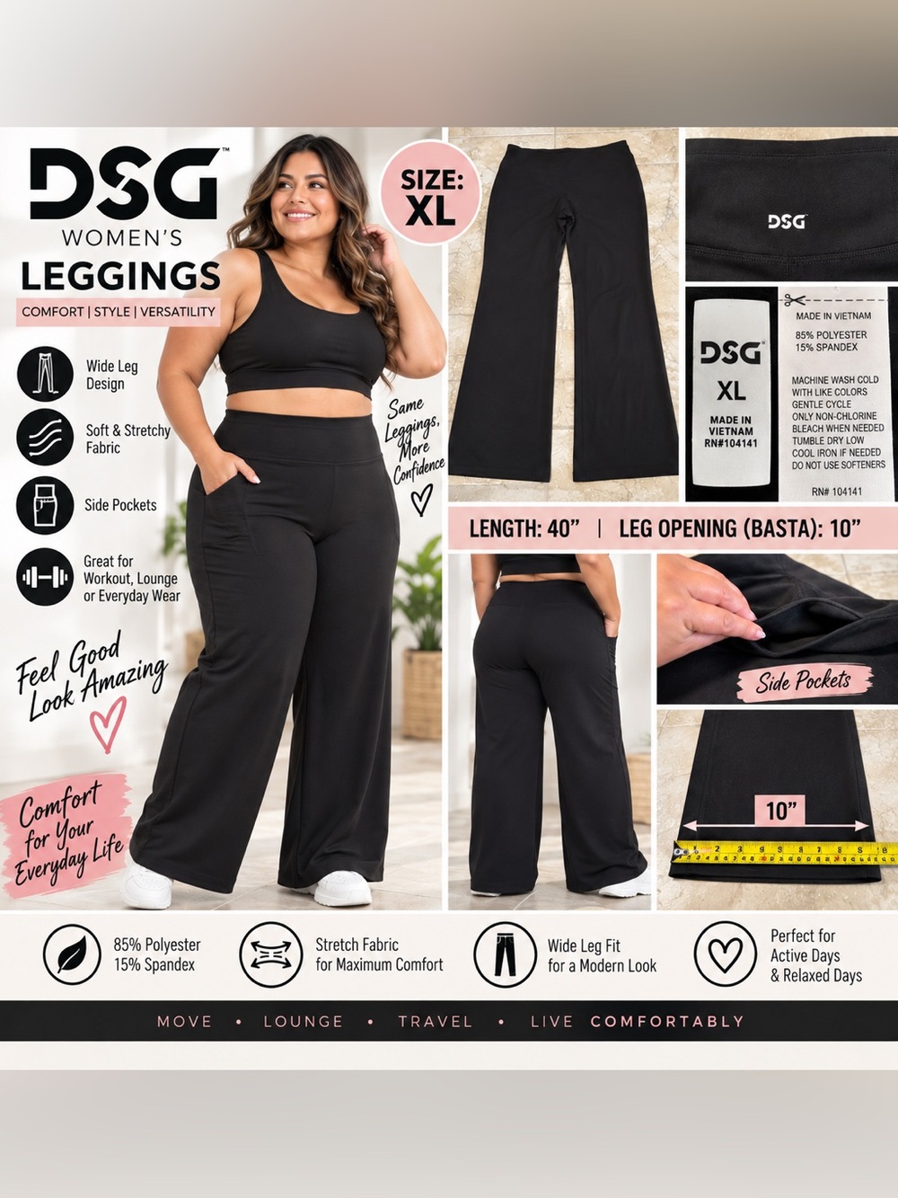 DSG Women’s Wide Leg Pants Black XL Stretch Side Pockets Athletic Casual